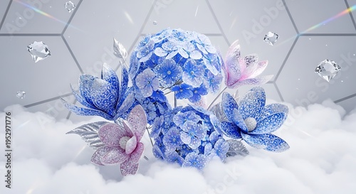3D render of blue hydrangeas and pink magnolias with floating diamonds and clouds abstract background