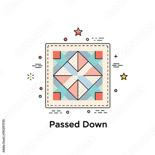 Faded quilt heirloom tradition badge centered on a single patterned fabric square with subtle faded tones and stitched border, expressing