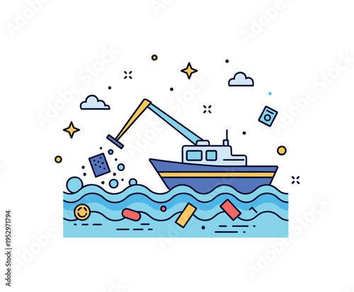 Floating debris removal theme centered on a compact boat silhouette collecting litter from simplified waves, expressing innovation, effort, and proactive ocean