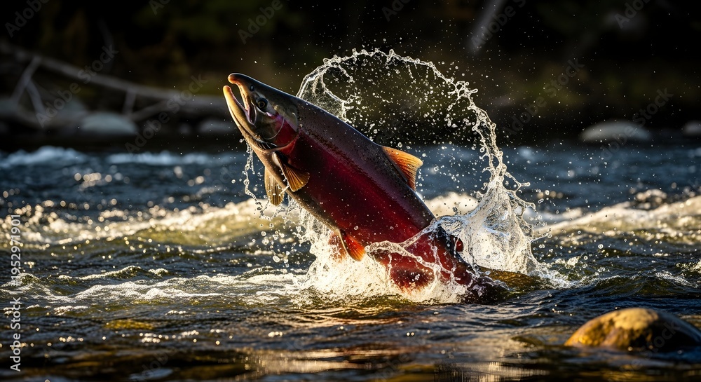 Fototapeta premium Fresh Salmon Fish Jumping Out of Water with Splash .