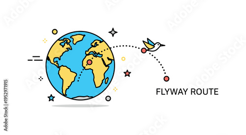 Migratory birds global route mapping scene featuring a simplified globe with a dotted arc path and a small bird icon traveling between two points, symbolizing