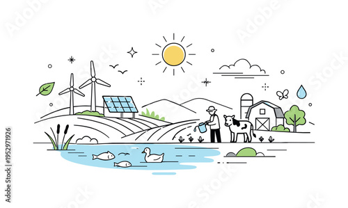 Future of agriculture and climate balance. An optimistic scene showing fields, wind, sun, and water in visual harmony. Calm vision of coexistence between