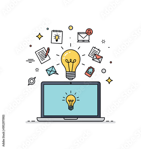 Creative brainstorming session showing a laptop with floating lightbulb and sketch icons above it, expressing idea generation and flexible thinking. The