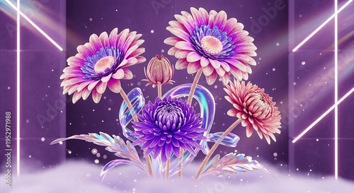 3D render of vibrant gerbera daisies and chrysanthemums with iridescent ribbon and neon lights
