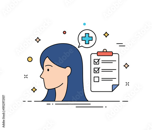 Preventive care and screening concept built around a female profile with a subtle medical cross badge and checklist icon, symbolizing regular checkups, early