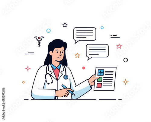 Doctor patient communication concept featuring a physician calmly explaining medication or therapy options while holding a small chart, conveying understanding