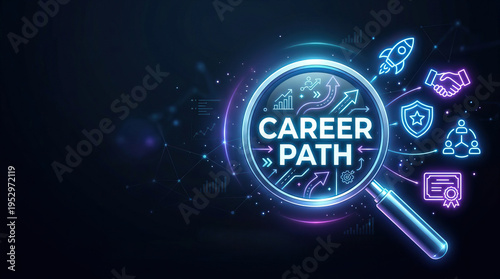 Wallpaper Mural Career path magnifying glass neon business growth opportunity success future analysis strategy career path neon magnifying glass concept for business growth opportunity success future analysis Torontodigital.ca