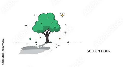 Shadows and light nature silhouette scene showing a minimal tree casting a long shadow across clean ground, expressing calm evening atmosphere and peaceful