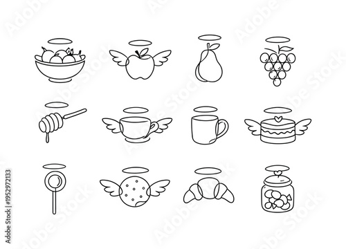 Celestial Flavor Symbols. Minimalistic set one-line drawing fruit bowl with halo, apple with wings, pear with halo, grapes with halo, honey dipper with halo,