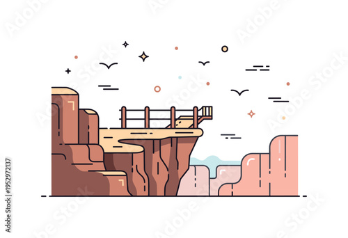 Grand canyon overlook concept featuring a small viewpoint railing at the edge of stylized cliffs, expressing adventure and scenic travel. The compact
