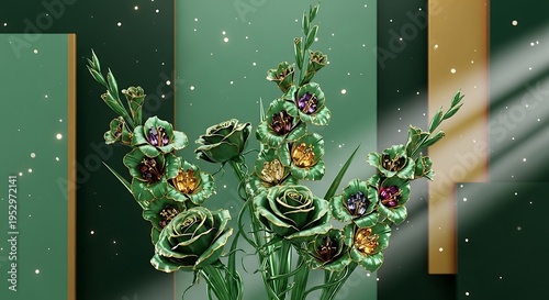 3D render of green metallic roses and gladiolus with jewel centers on dark green background