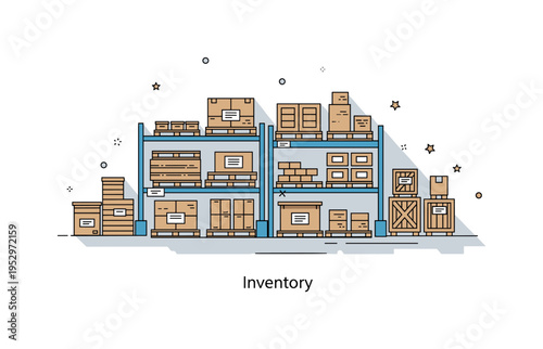 Raw materials storage warehouse interior with neatly stacked pallets and labeled crates symbolizing organization, supply chain management, and industrial