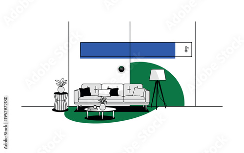 Black and white living room interior with visible smart thermostat on wall, bold cobalt blue rectangular block intersecting composition like temperature bar,
