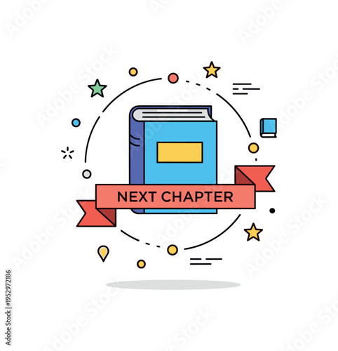 Book section badge circular emblem combining simplified book icon and small ribbon labeled Next Chapter, expressing continuity and ongoing reading journey.