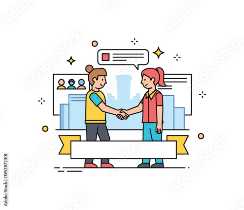 Convention style cosplay meet up scene featuring a simplified event backdrop with two characters exchanging a friendly handshake, representing networking and