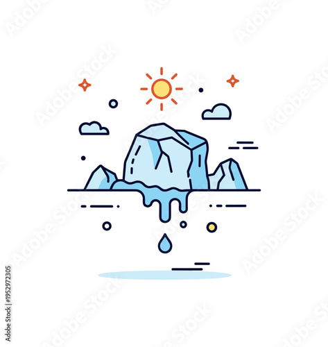 Melting glacier metaphor featuring a small ice block dripping into water with subtle environmental accents. The composition suggests climate warming and