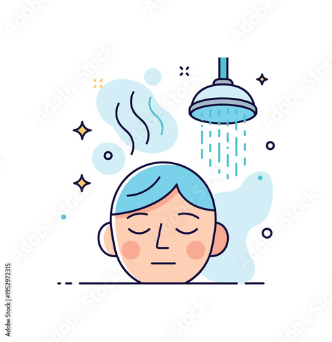 Relaxing warm shower concept shown as a person with closed eyes under flowing water lines and light steam shapes, expressing calm and stress relief. Subtle