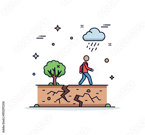 Drought forced relocation theme shown through cracked ground beneath a tiny tree and a walking figure moving toward a small cloud with rain. The