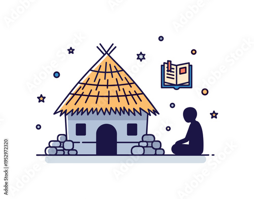 Ancient Indian gurukul simple thatched roof hut with a small manuscript and seated student silhouette, conveying mentorship based learning and spiritual