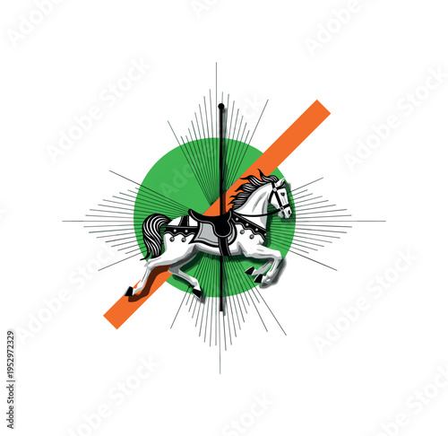 Black and white carousel horse from a spring fair captured mid-motion, large green sun-like circle behind intersected by sharp orange diagonal bar, thin