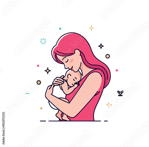 Mother and baby bond gentle silhouette of mom holding a newborn close with tiny sparkle details, conveying tenderness, security and deep connection. Minimalist