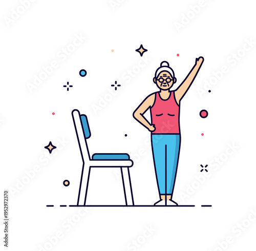 Low impact exercises senior fitness theme showing a calm standing stretch pose beside a minimal chair silhouette for support. A reassuring visual metaphor of