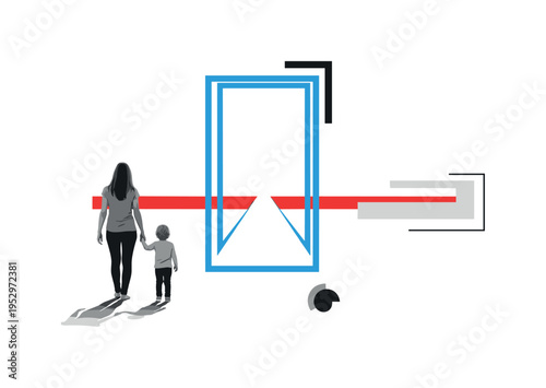 Black and white mother and child walking hand in hand toward open space, bright blue rectangular frame defining the path ahead, thin red horizontal stripe