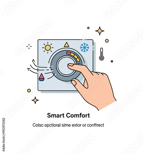Adjusting the thermostat for home comfort shown as a hand turning a round wall thermostat dial with small sun and snowflake icons indicating temperature