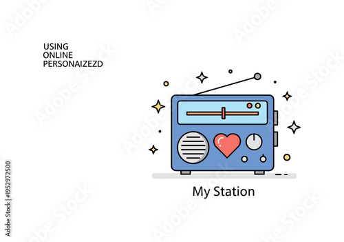 Using online radio personalized station concept with a small heart icon integrated into a radio interface screen, symbolizing favorite channels and curated