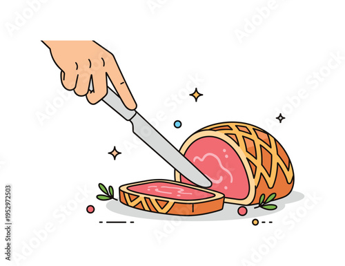 Slicing beef Wellington to reveal tender pink center shown with a single clean slice cut from the pastry wrapped roast, communicating gourmet perfection and