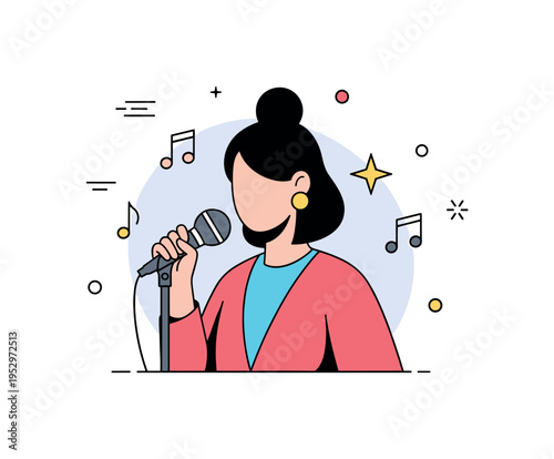 Women in music creative leadership featuring a confident female silhouette holding a microphone with subtle music notes and a small star accent, expressing