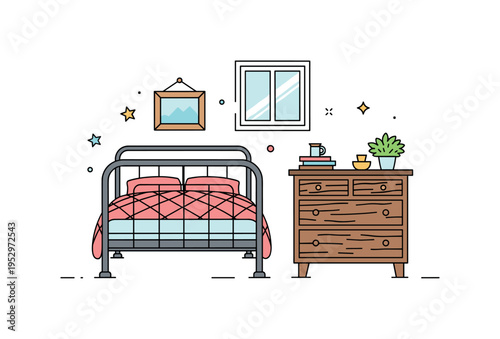 Vintage farmhouse bedroom interior represented by an iron bed frame with quilted blanket and a distressed wooden dresser, conveying countryside simplicity and