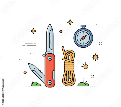 Outdoor survival basics centered on a multi tool knife and a small coil of rope arranged with a subtle compass icon, symbolizing preparedness and self reliance