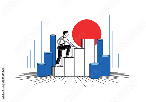 Black and white business character pointing toward floating geometric charts made of circles and bars, large cobalt blue semicircle framing upper composition,