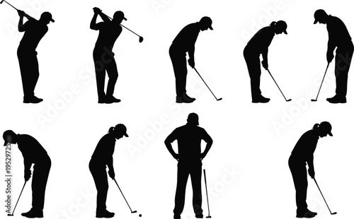 Golf player silhouettes set featuring various swinging and putting poses with golf clubs cad drawing flat vector illustration flavector isolated design.