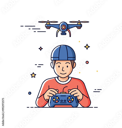 Drone racing hobby figure focused on controller with a fast moving drone above and small speed lines, conveying excitement and competitive spirit. Minimalist