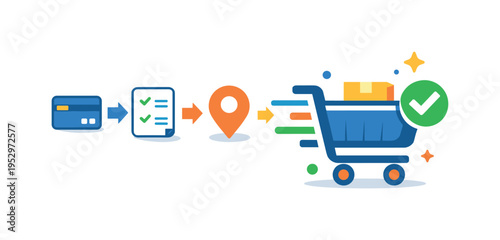 E commerce checkout flow optimization concept illustrated by simplified steps merging into a single cart icon, conveying speed, usability, and conversion