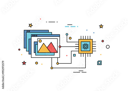 Image analysis software pattern recognition concept with layered geometric shapes on screen connected by thin lines to a central processor icon. The