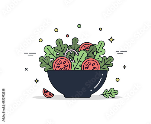 Vegetables fresh salad inspiration illustration showing a bowl silhouette with mixed leafy greens and tomato slices centered in the frame. The