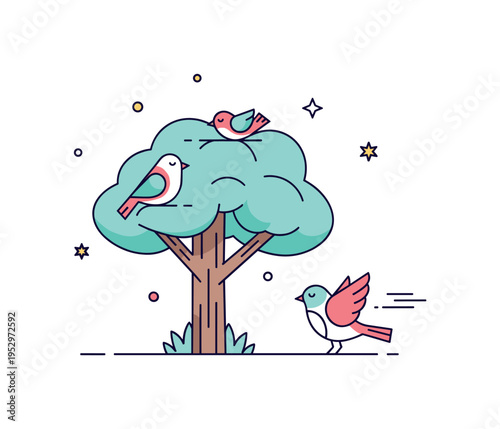 Woodland tree with perched birds showing a simplified trunk and soft canopy with one bird resting and another preparing to take flight, conveying quiet motion