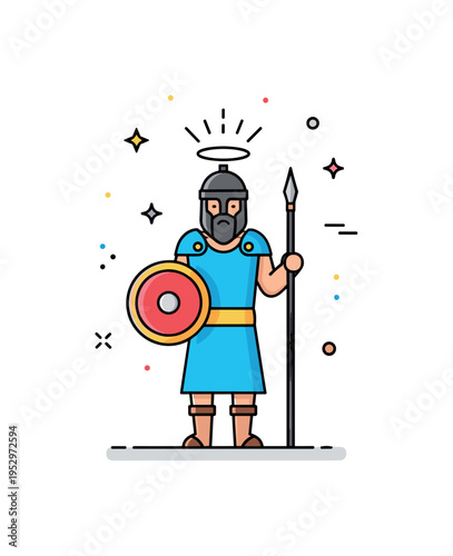 Mythological heroes archetype silhouette of a warrior holding a small shield and spear with a radiant halo accent, representing heroic ideals echoed in modern