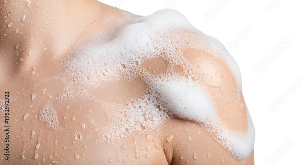 Fototapeta premium cleaning foam hygiene soap bubbles suds bath shower body care skin fresh clean pure sudsy bubbly water droplets wet person human body part sensitive gentle cleansing foam soap