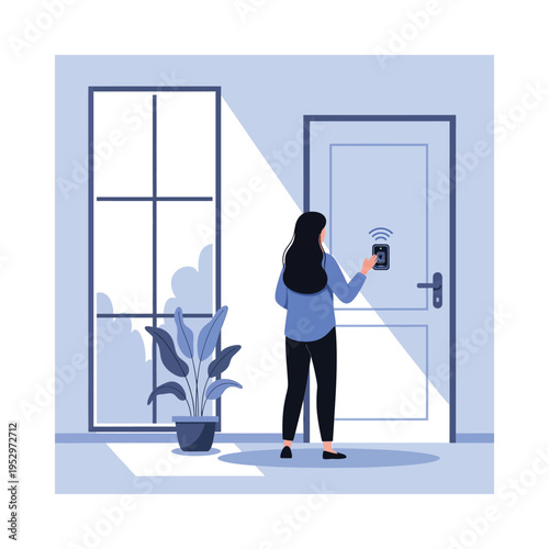Woman using a smart door lock to enter her home safely