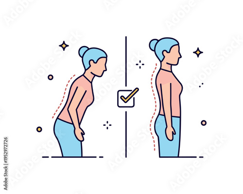 Posture correction awareness illustrated by a split composition showing one slouched silhouette and one upright silhouette, emphasizing healthy
