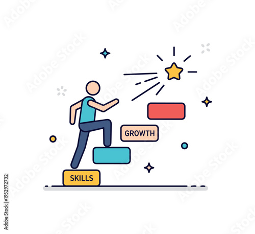 Career upskilling journey represented by a figure climbing simplified steps labeled Skills and Growth toward a small star icon, expressing determination and
