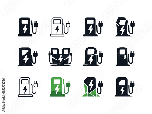 charging stations for electric vehicles. Icon set. Set Logo of charging stations for electric vehicles: roadside charging station pillar. harmonious logo
