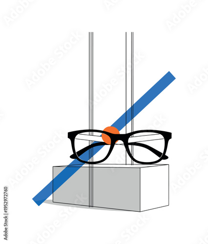 Black and white eyeglasses resting on minimalist geometric pedestal, bright blue diagonal bar reinforcing perspective, orange circular accent near the bridge