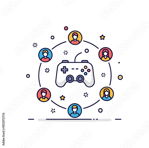 Online multiplayer gaming connection visualized by small avatars connected through curved lines around a central game controller, symbolizing digital