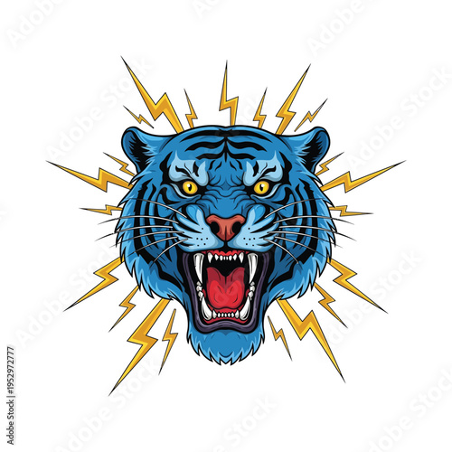 Fierce electric blue tiger with dramatic lightning effect around its head
