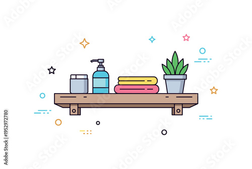 Bathroom shelf organization concept centered around a neat floating shelf with folded towels, a soap dispenser, and a small potted plant, symbolizing